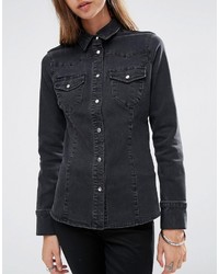 Asos Denim Fitted Western Shirt In Washed Black