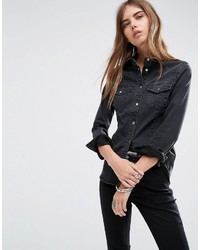 Asos Denim Fitted Western Shirt In Washed Black