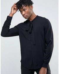 Asos Regular Fit Viscose Shirt With Pussy Bow In Black