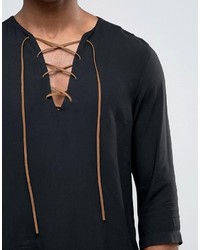 Asos Regular Fit Viscose Shirt With Tie Y Neck In Black