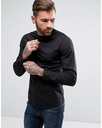 Asos Slim Shirt With Stretch In Black With Grandad Collar