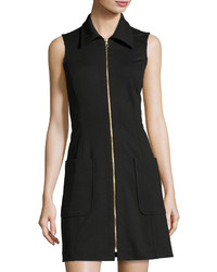Neiman Marcus Zip Front Sleeveless Shirtdress Black