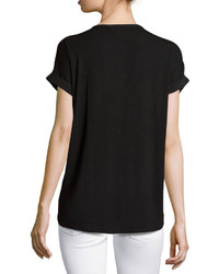 Neiman Marcus Pleated Short Sleeve Blouse Black