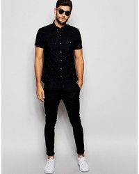 Asos Black Oxford Short Sleeve Shirt With Neps In Regular Fit