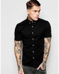 Asos Brand Skinny Shirt In Black Twill With Short Sleeves