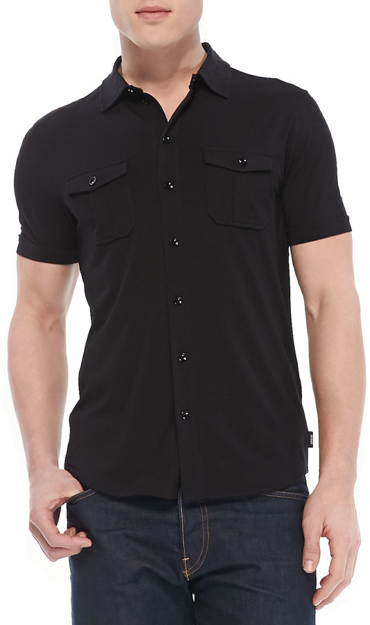 YUNY Mens Embroidery Short-Sleeve Army Cotton Button Down Shirt Black XS 