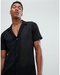 ASOS DESIGN Sheer Deep Revere Regular Fit Shirt In Black