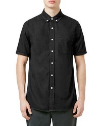 Topman Short Sleeve Washed Black Denim Shirt