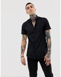 Twisted Tailor Skinny Short Sleeve Shirt In Black With Skull Collar Tips