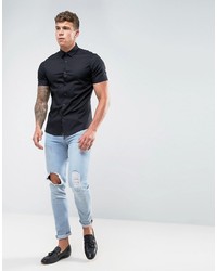 Asos Stretch Slim Shirt In Black With Short Sleeves