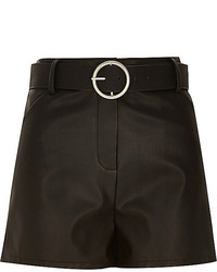 River Island Black Leather Look Belted High Waisted Shorts
