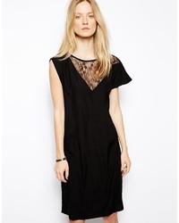 Wackerhaus Asymmetric Dress In Silk With Lace Yoke Black
