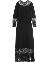 Valentino Fringed Macram Paneled Silk Crepe Dress Black