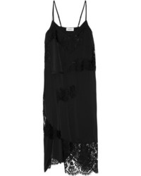 DKNY Lace Paneled Stretch Silk Satin Dress Black
