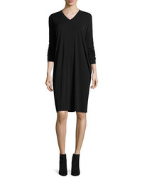 Eileen Fisher Long Sleeve Silk Jersey Dress With Pockets