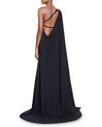 Kaufman Franco One Shoulder Draped Strappy Back Gown Black