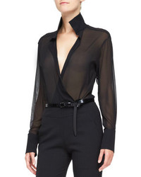 Donna Karan Sheer Long Sleeve Blouse With Collar