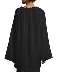 The Row Spira Long Sleeve Ruched Neck Silk Blouse Black