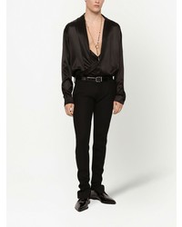 Dolce & Gabbana Silk Plunge Neck Collarless Shirt