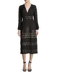 Haute Hippie Long Sleeve Vintage Inspired Silk Midi Dress Black