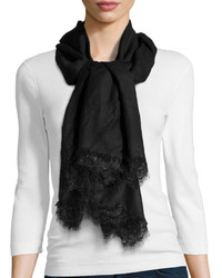 Neiman Marcus Fringed Lace Trimmed Silk Blend Scarf Black