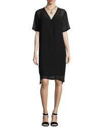 Eileen Fisher Silk Georgette V Neck Shift Dress Black