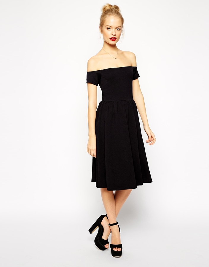 Asos Collection Midi Bardot Skater Dress In Texture, $45 | Asos | Lookastic