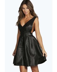 Boohoo Hanna Plunge Metallic Sheen Skater Dress