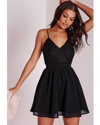 Missguided Lace Top Chiffon Skater Dress Black