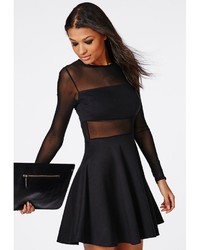 Missguided Mesh Insert Long Sleeve Skater Dress Black