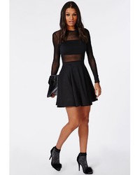 Missguided Mesh Insert Long Sleeve Skater Dress Black