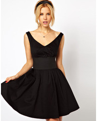 Asos Skater Dress With Off Shoulder And Deep Waistband Black