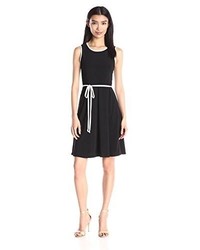 Star Vixen Sleeveless Skater Dress With Contrast Piping And Tie Belt