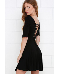 LuLu*s Tethered Together Black Lace Up Skater Dress