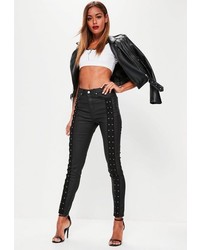 Missguided Black Highwaisted Coated Lace Up Skinny Jeans