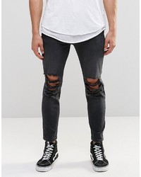 Asos Brand Skinny Cropped Jeans With Extreme Knee Rips In Washed Black