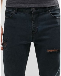 Asos Brand Skinny Jeans With Turn Ups And Rips In Washed Black