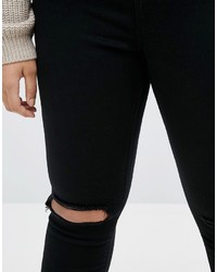 Asos Curve Curve Ridley Skinny Jeans In Clean Black With Rip Destroy Busts