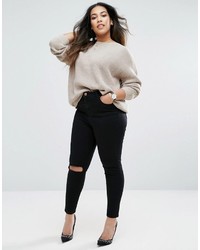 Asos Curve Curve Ridley Skinny Jeans In Clean Black With Rip Destroy Busts