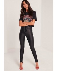 Missguided Black Highwaisted Coated Lace Front Skinny Jeans