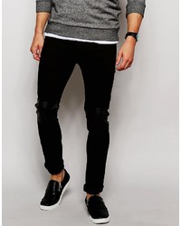 Religion Noize Skinny Fit Black Jeans With Faux Leather Patches