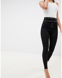 ASOS DESIGN Ridley High Waist Skinny Jeans In Black With Double Belt Detail