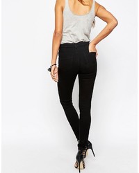 Asos Ridley High Waist Skinny Jeans In Black With Shredded Rips