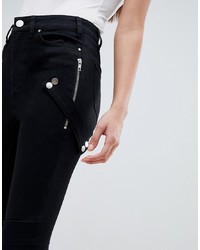 ASOS DESIGN Ridley High Waist Skinny Jeans In Clean Black With Biker Zip Detail