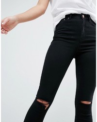 Asos Ridley Skinny Jeans In Clean Black With Rips