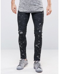 Asos Skinny Ankle Grazer Jeans With Frayed Hem And Rips In Coated Washed Black