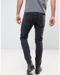 Asos Skinny Jeans With Biker Zip And Rips Details In Washed Black