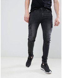 ASOS DESIGN Super Skinny Biker Jeans With Cargo Pockets In Washed Black