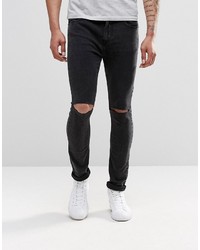 Pull&Bear Super Skinny Jeans In Washed Black With Knee Rips