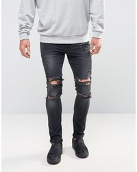 Asos Super Skinny Jeans With Mega Rips In Washed Black